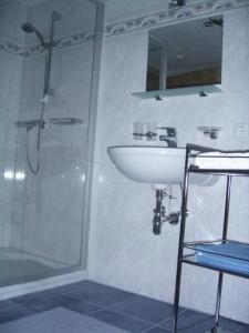 a bathroom with a sink and a shower at Haus Dreiländerblick in Sulzberg