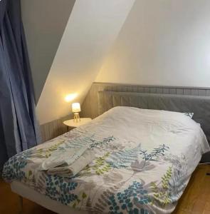 a bedroom with a bed with a white comforter at Grande maison à Santes avec jardin in Santes