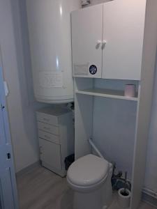 La petite salle de bains est pourvue de toilettes blanches et d'un lavabo. dans l'établissement Maison familiale à Maillé avec vélos, à Maillé