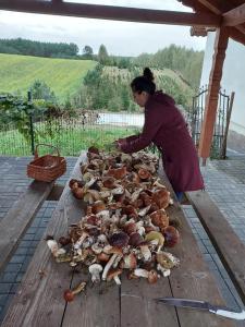 a woman standing next to a table of food at Agroturystyka Dzika Łąka apartament 