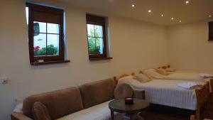 a living room with two beds and a couch at Agroturystyka Dzika Łąka apartament in Słonów