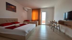 a bedroom with a bed and a television and a table at Vila Stefan in Star Dojran