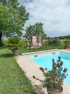 a swimming pool in a yard with plants at Comme chez vous "pour 4 personnes" in Puycornet +10 photos