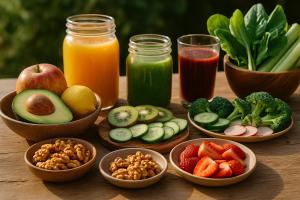a table with bowls of fruits and vegetables and juice at Sunrise Dahab lodge in Dahab