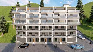 an architectural rendering of a building with cars parked in front at Heaven Stay in Murree