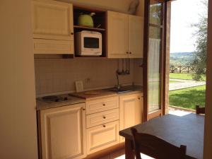 a kitchen with white cabinets and a microwave and a window at Historic Farmhouse Overlooking San Gimignano in San Gimignano