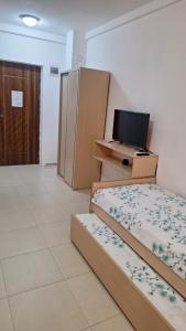 a room with two beds and a desk with a television at Vila Stefan in Star Dojran