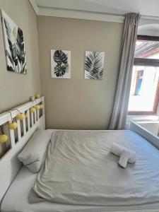 a white bed in a bedroom with a window at TOP Location Apartment Heidelberg Centrum near Hauptbahnhof, Bismarckplatz, Schloss in Heidelberg