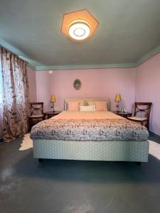 a bedroom with a large bed with pink walls at Dedes in Birchiş