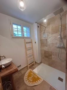 ein Badezimmer mit Dusche, Waschbecken und Toilette in der Unterkunft La Landaise in Castets + 33 Fotos