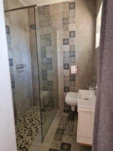 un bagno con doccia, WC e lavandino di The Seabird Cottage a Gqeberha