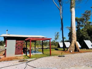 un pabellón en un parque junto a una palmera en Chalé do Lago Sinop MT, en Sinop