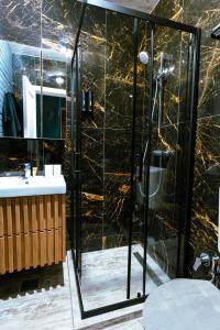 ein Badezimmer mit Dusche mit Glastür in der Unterkunft The Industry in Galaţi