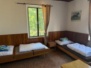 two beds in a room with a window at Kemp a Loděnice Podolsko - Chata in Podolí