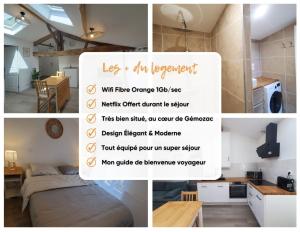 a collage of photos of a room with a sign at Le Cosy, Calme, parking, centre Gémozac in Gémozac +7 photos