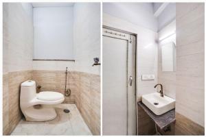 two pictures of a bathroom with a toilet and a sink at Hotel O by OYO Exotica Palace in New Delhi