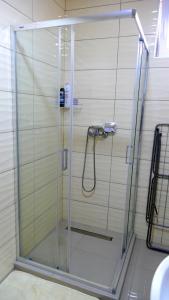 a shower with a glass door in a bathroom at Lux trosoban in Sremska Mitrovica +17 photos