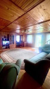 a living room with a couch and a tv at Три смерічки in Beloberëzka