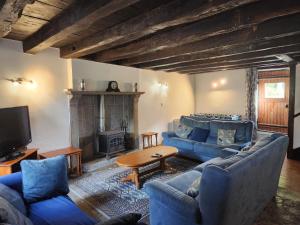 a living room with blue couches and a fireplace at Les Grands Gîtes de Janaillat in Janaillat