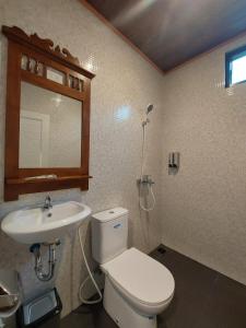 a bathroom with a toilet and a sink and a mirror at Villa Saung Wira in Cirebon