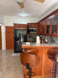 a kitchen with a black refrigerator and wooden cabinets at Hidden mansion in Kingston