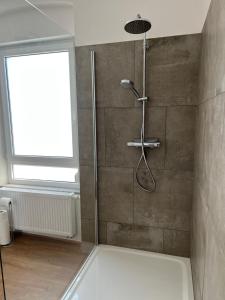 a shower with a glass door in a bathroom at Ferienwohnungen Moselpanorama in Bullay +13 photos