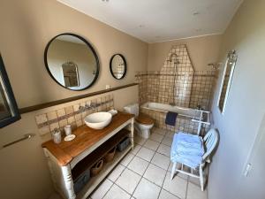 a bathroom with a sink and a toilet and a mirror at Moulin AURELIA in La Barben