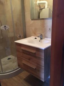 a bathroom with a sink and a shower at Gyulai Brill Apartman in Gyula +31 photos