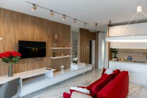 a living room with a red couch and a tv at Elegance Rezidence in Arad