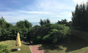 a yellow umbrella sitting in the grass next to trees at Panorama Gdynia Rooms in Gdynia +10 photos