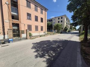 a shadow of a tree on a street with buildings at Angolo Di Michele e Sergio in Foligno