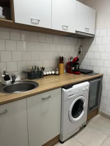 una cocina con lavadora y fregadero en REEAS APARTAMENT, en Timisoara 25 fotos más