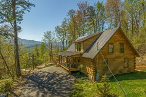eine Blockhütte im Wald mit einem Metalldach in der Unterkunft Wildflowers by American Patriot Getaways in Cartertown