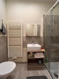 a bathroom with a sink and a shower at die Senfbude - wunderschöne Apartments für 4 Personen mit Terrasse & Stellplatz in Leipzig +27 photos
