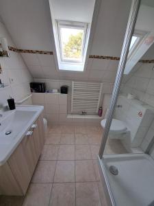 a bathroom with a shower and a sink and a toilet at Ferienwohnung-1-Nei-Stich-19a in Norddorf