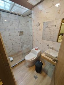 a bathroom with a shower and a toilet and a sink at Vymar and Loto Azul in Pasto +32 photos