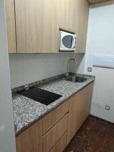 a kitchen with a sink and a microwave at Centro 3 - Pescadería in Jaén +10 photos