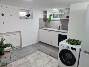 a white kitchen with a washing machine and a sink at Apartmán Zobor in Nitra