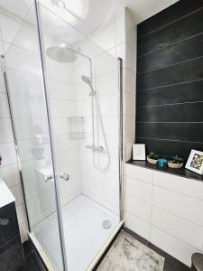 a shower with a glass door in a bathroom at Chic Urban Stay 2BR with parking- BEL4 in Luxembourg +24 photos