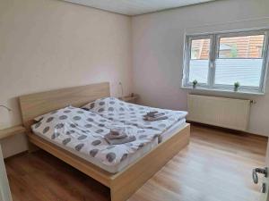 a bedroom with a bed and a large window at Ferienwohnung Missionshausstrasse in Sankt Wendel