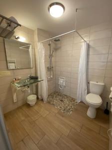 a bathroom with a shower and a toilet and a sink at La glycine hotel, spa et bien-être in Bénouville +59 photos