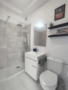 a bathroom with a toilet and a sink and a shower at Acera del Duende-Sardina in Gáldar
