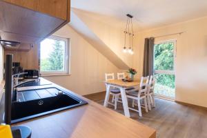 a kitchen and dining room with a table and chairs at Ferienwohnungen im Waldhaus Sebnitz in Sebnitz