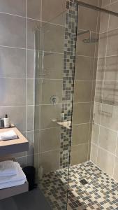 a shower with a glass door in a bathroom at Ambiente Private Flat in Knysna +13 photos
