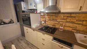 a kitchen with a stove and a counter top at Oasis Apartment in Târgu-Mureş
