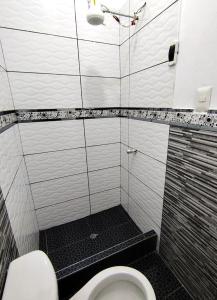 a small bathroom with a toilet and a shower at Casa familiar con parrilla, piscina, WiFi y cesped 