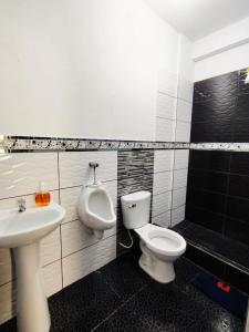 a bathroom with a toilet and a sink and a urinal at Casa familiar con parrilla, piscina, WiFi y cesped 