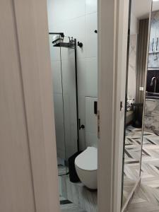 a bathroom with a toilet and a glass shower at Olga Luxury Apartment in Paralia Katerinis +64 photos