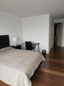 ein Schlafzimmer mit einem großen Bett und einem Schreibtisch in der Unterkunft Miraflores habitaciones con baño privado especial para turistas in Lima
