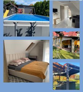 a collage of pictures of a house with a swimming pool at Jasmin Apartment House in Vonyarcvashegy